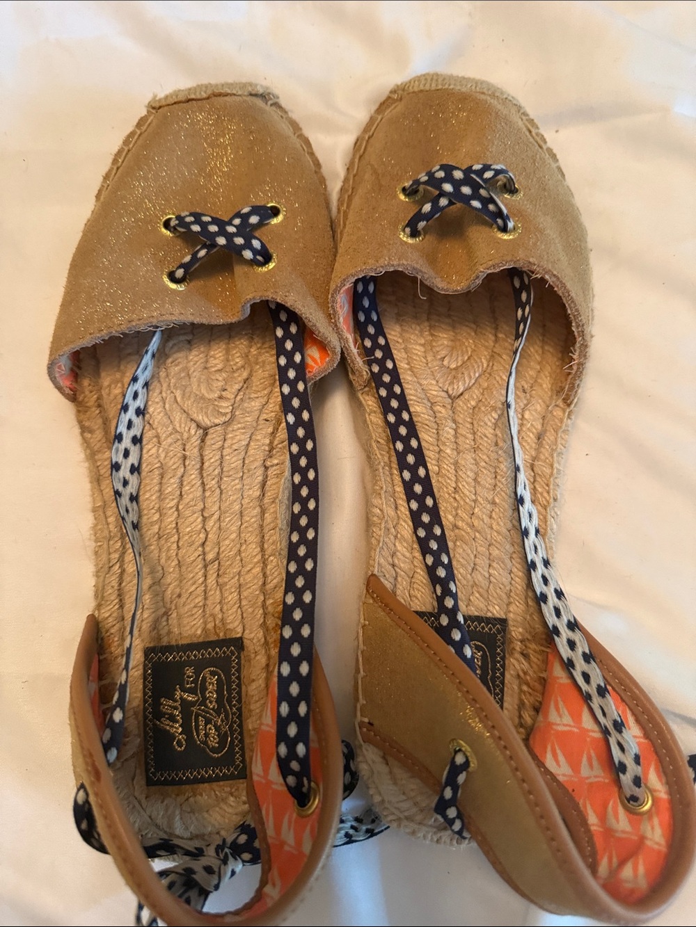 Milly of New York Tan Espadrilles with Navy Polka-Dot Ties